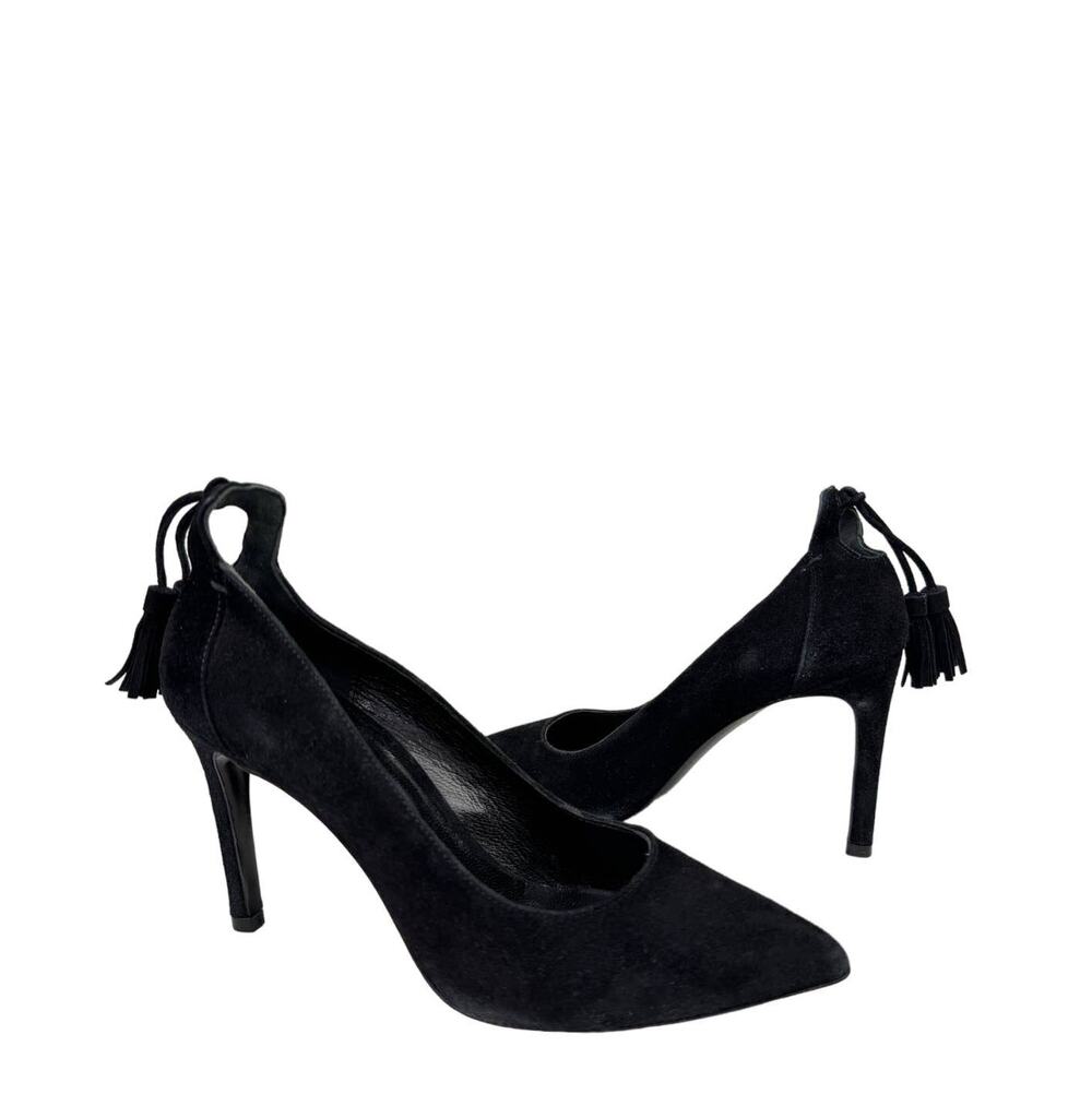 MAJE Womens Black Suede Leather Pointed Toe Tassel Pump Heels Size EU 37 US 6.5